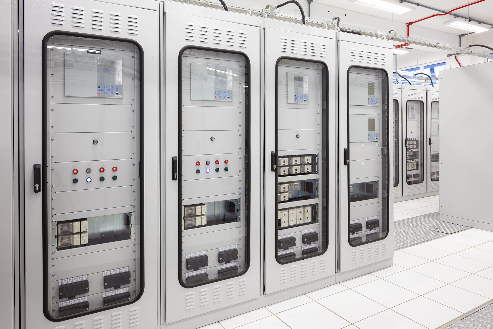 Electrical switchgear room at an electric substation.