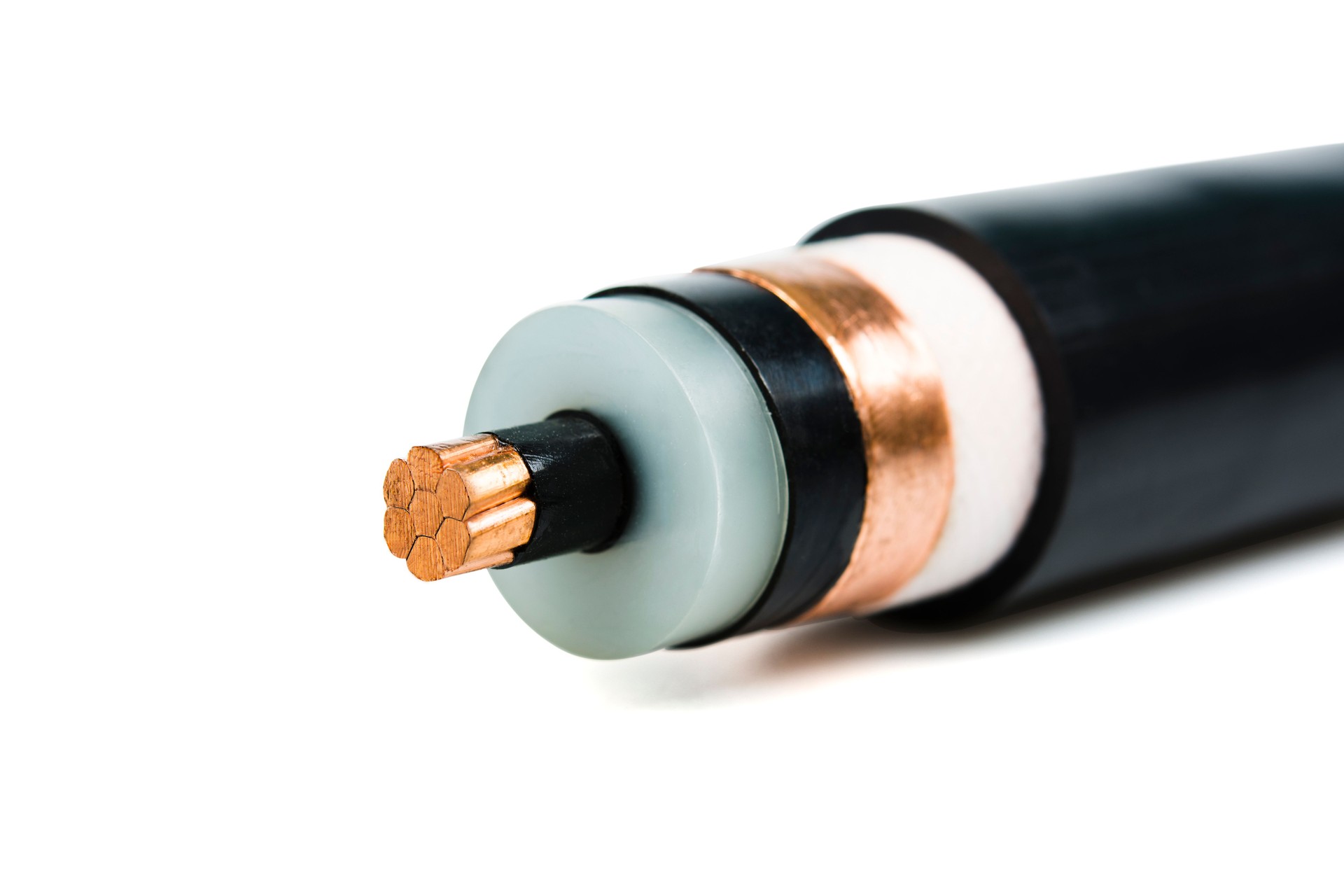 Electrical power cable on white background. Copper wire is the electric conductor of urban society.