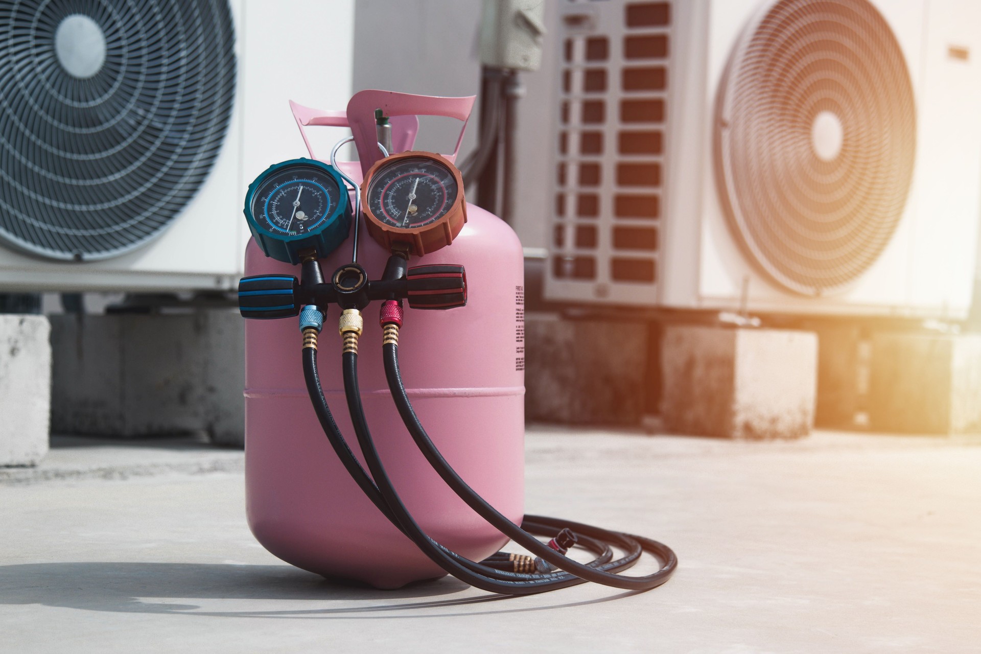 Air conditioning check service leak detection gauges to check refrigerant and add refrigerant.