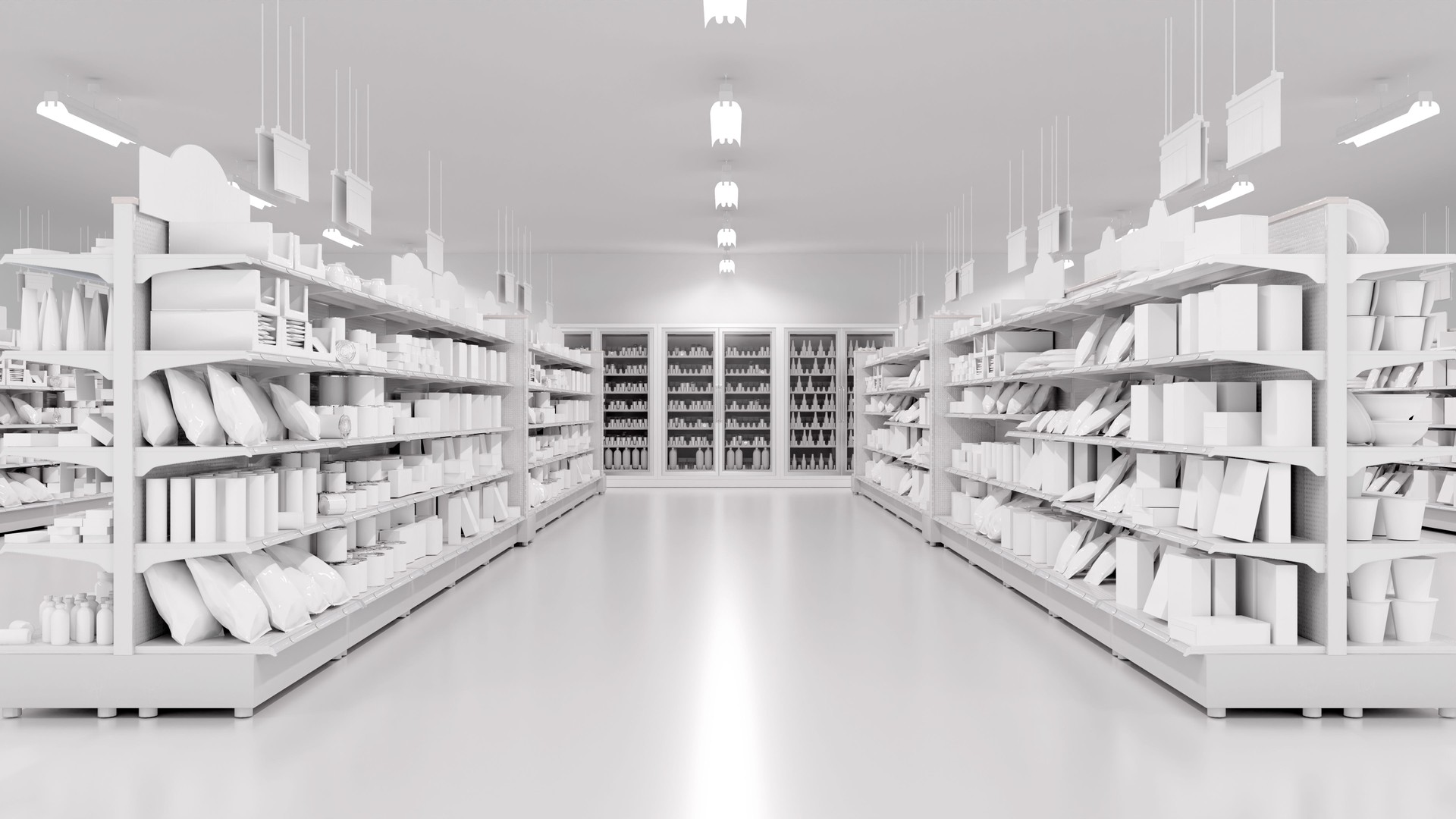 3D Rendering. Store interior supermarket with shelf shelves.
