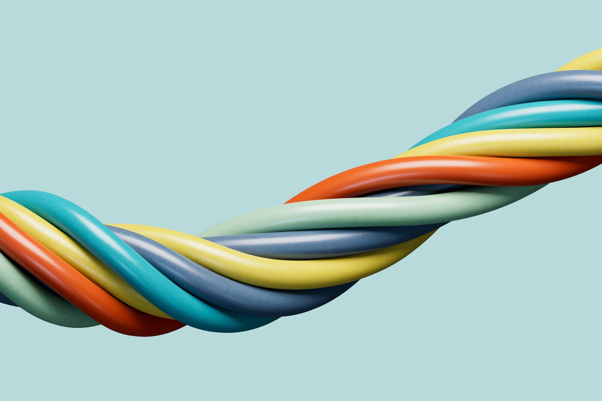 Colorful twisted ropes, wires, cables