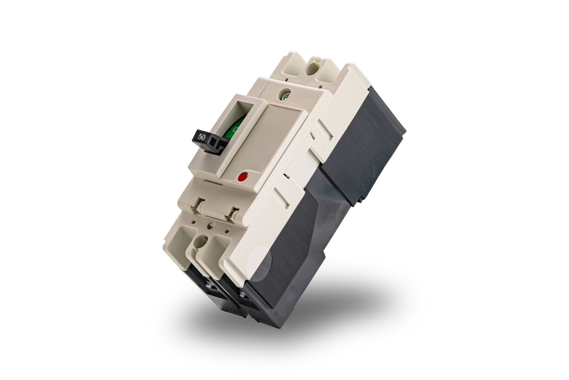 Side view of interior automatic circuit breaker isolated on white background.