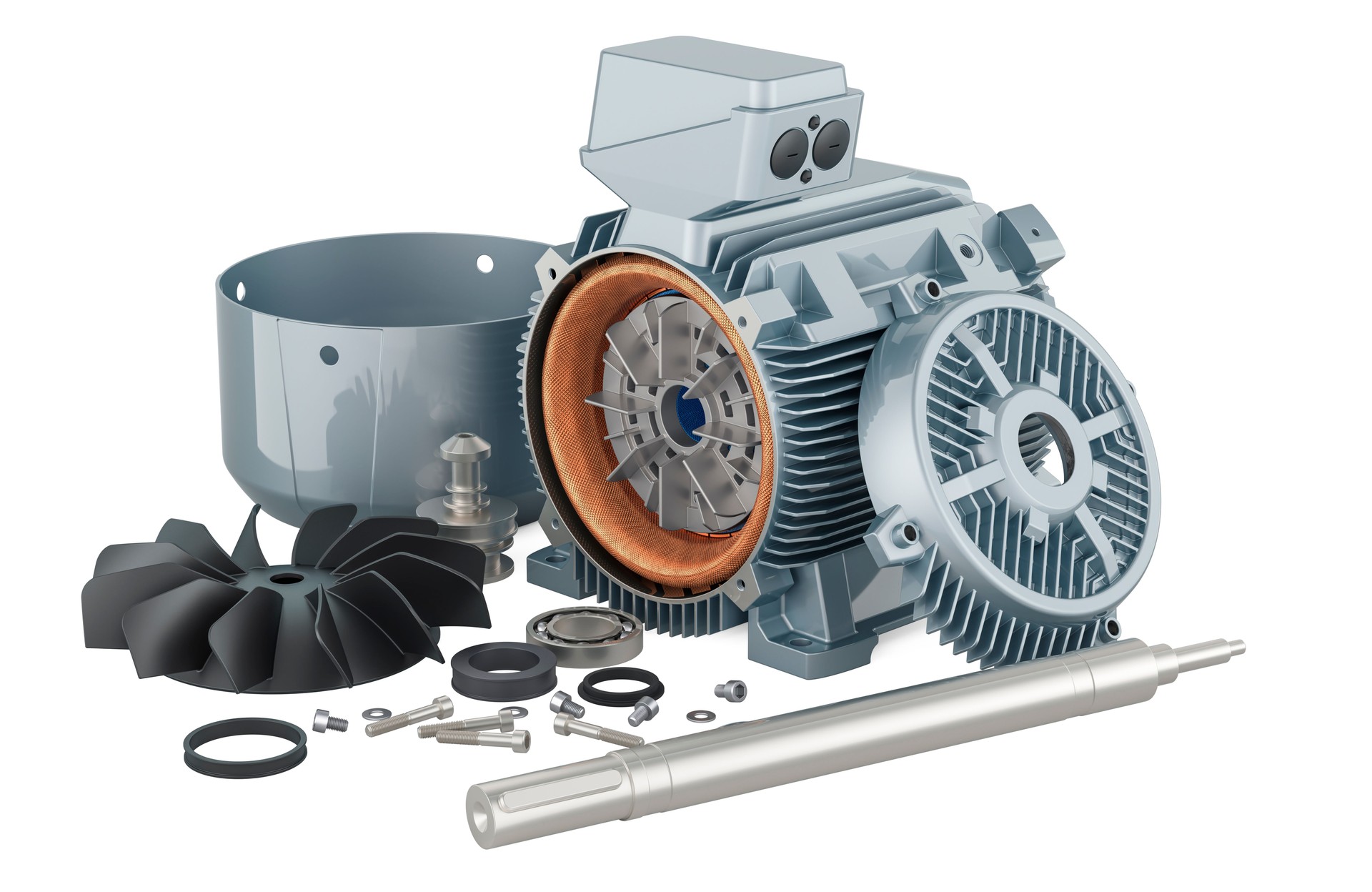 Electric motor parts, disassembled motor. 3D rendering